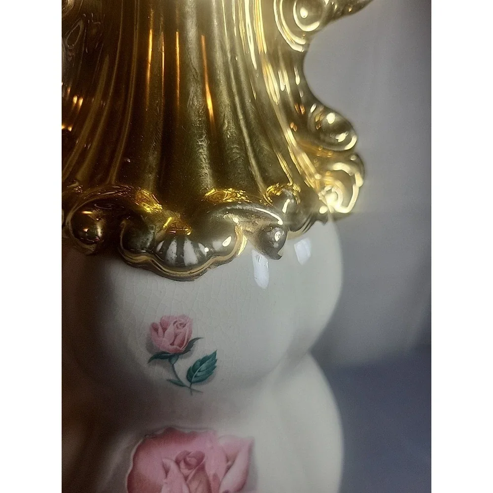 Vintage 23 Inch Ceramic‎ Table Lamp Pink Rose Floral Gold Gilt Urn Style